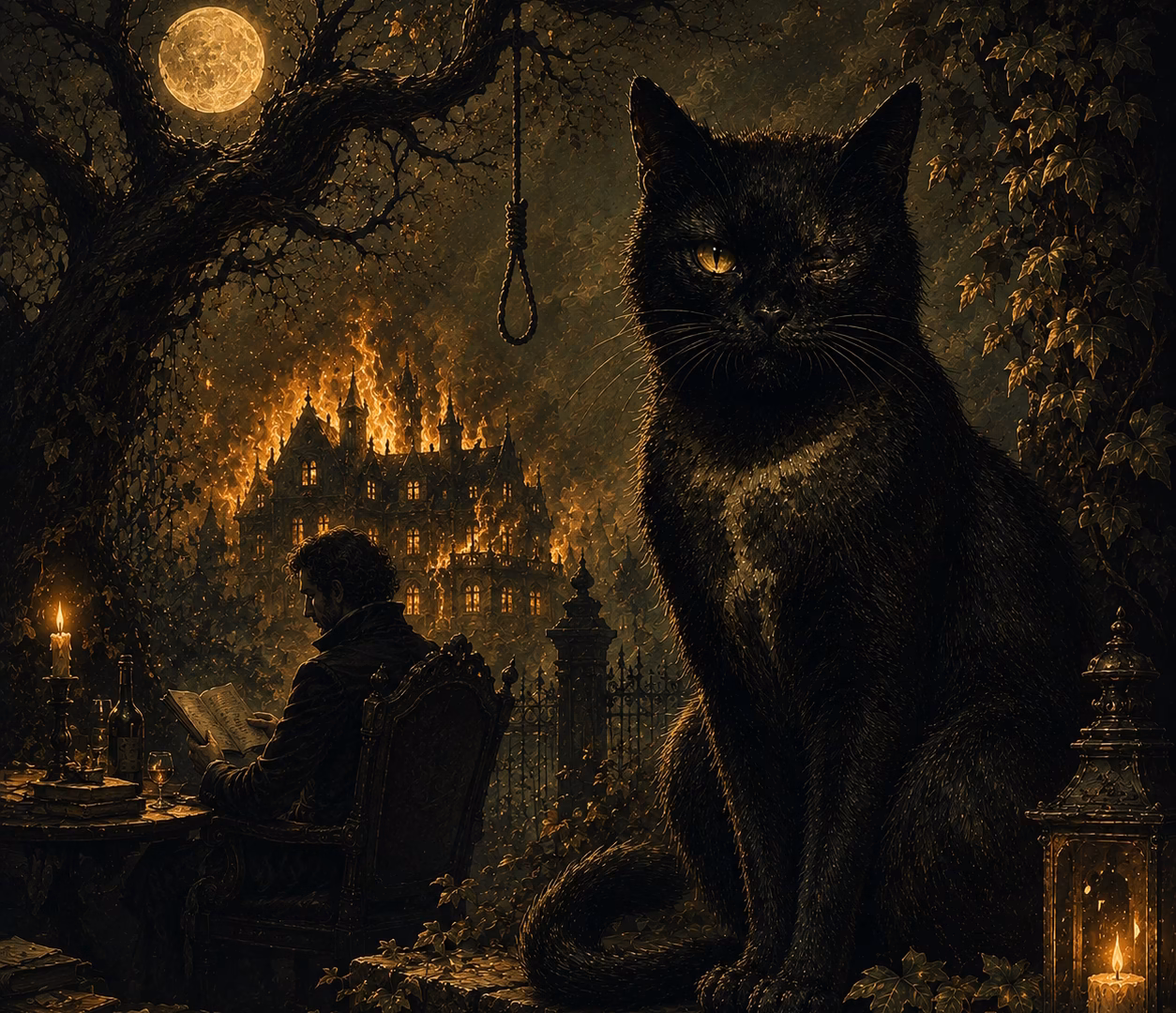 A big black cat and a writer in a dark atmosphere and a full moon and trees on the back