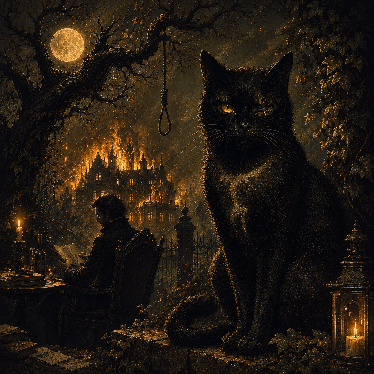 A big black cat and a writer in a dark atmosphere and a full moon and trees on the back